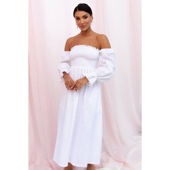 PETAL & UP Domenica Shirred Long Sleeve Midi Dress Size S White NWOT Linen Blend - Picture 3 of 10